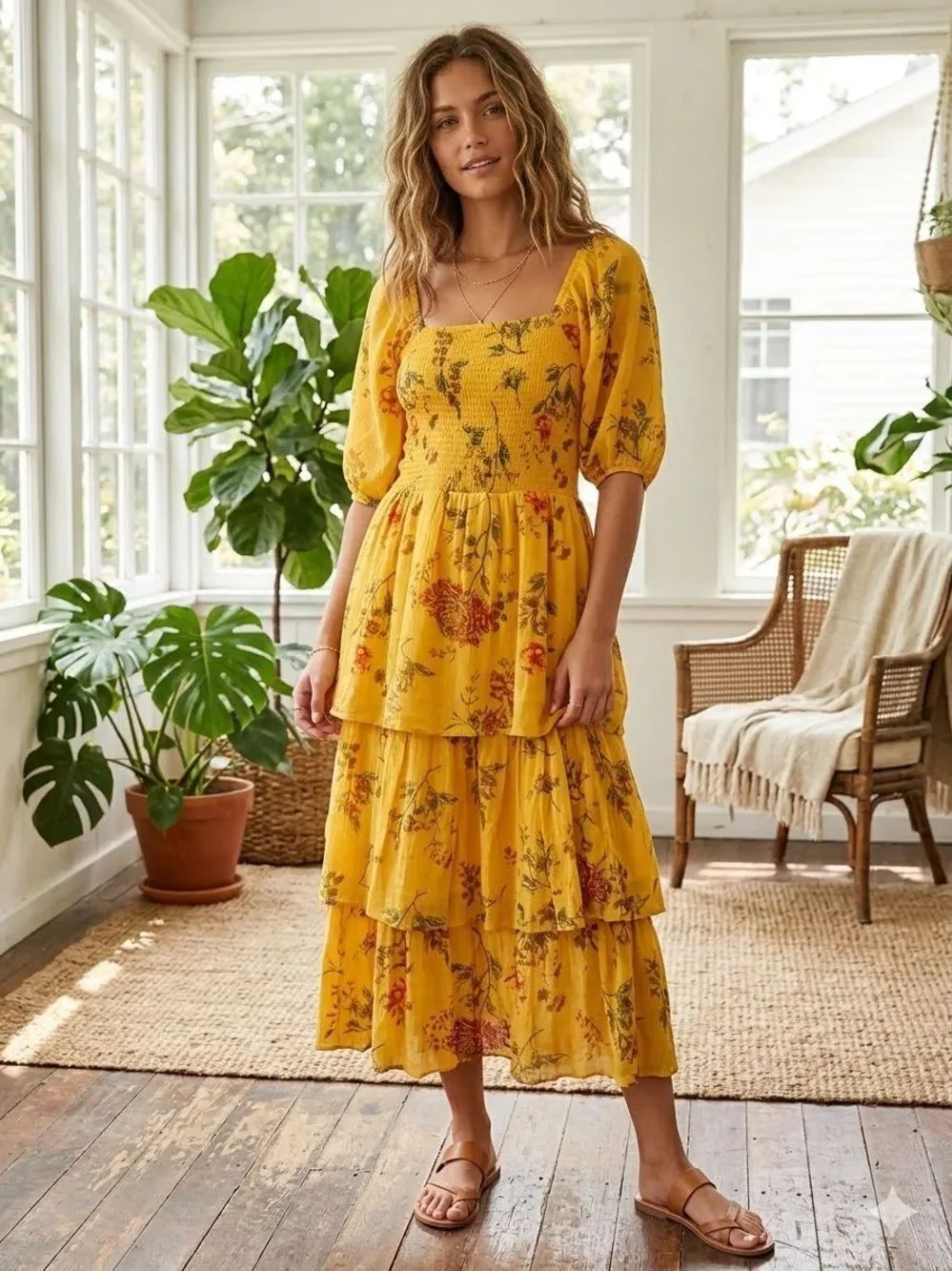 J Gee Yellow Floral Tiered Midi Dress with Smocked Bodice